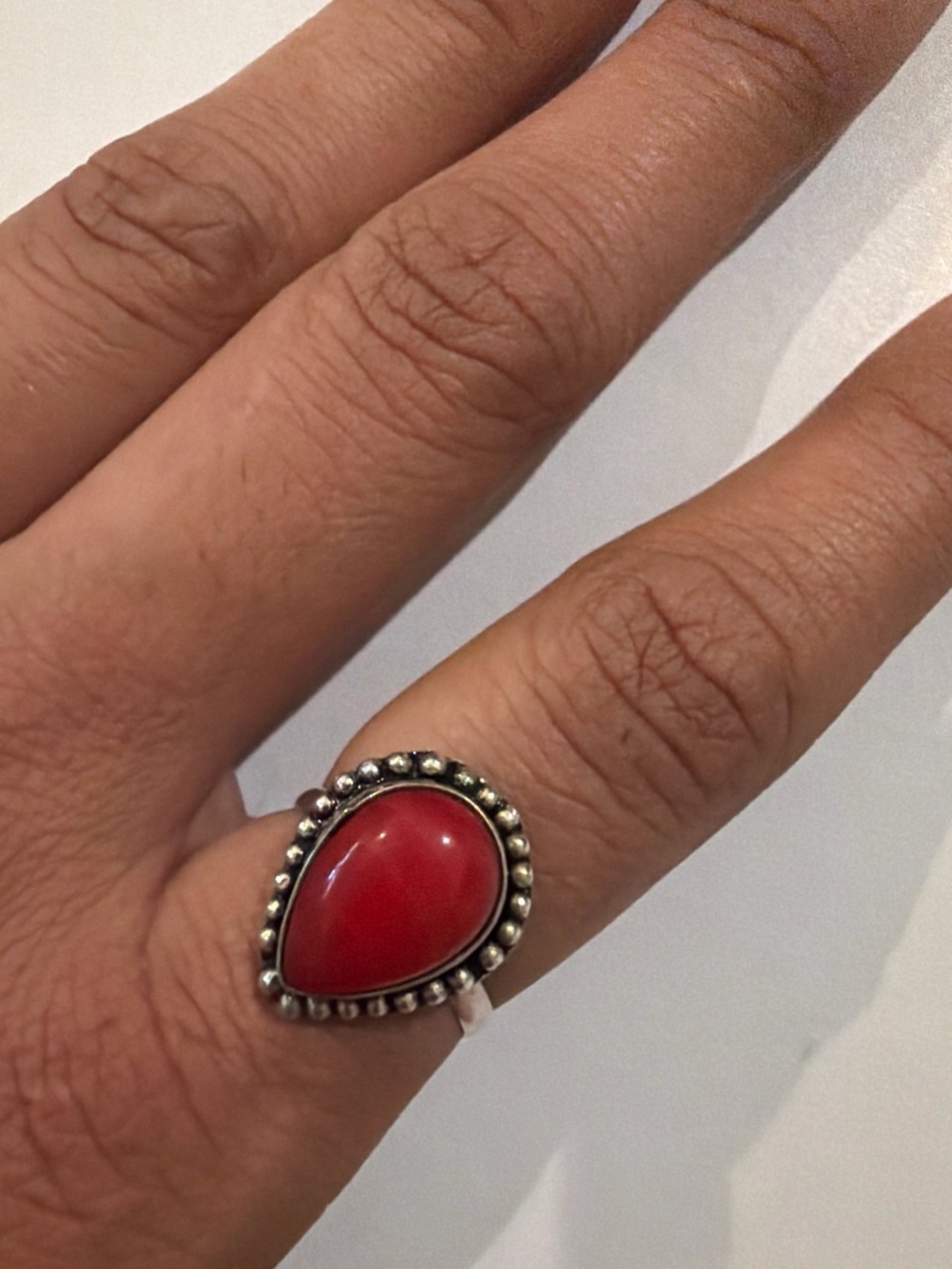 Handcrafted Teardrop Red Stone Silver Ring